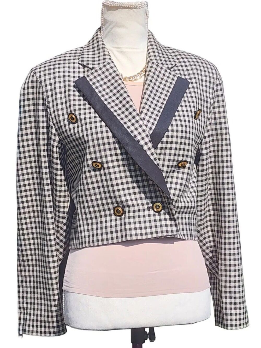 Vintage 90s Laurèl Escada Navy White Check Cropped Double Breasted Blazer 34